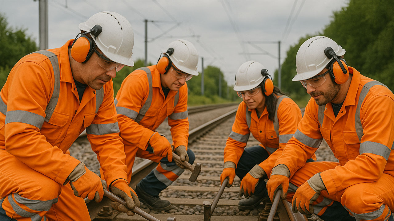 Railway maintenance team working together on the track