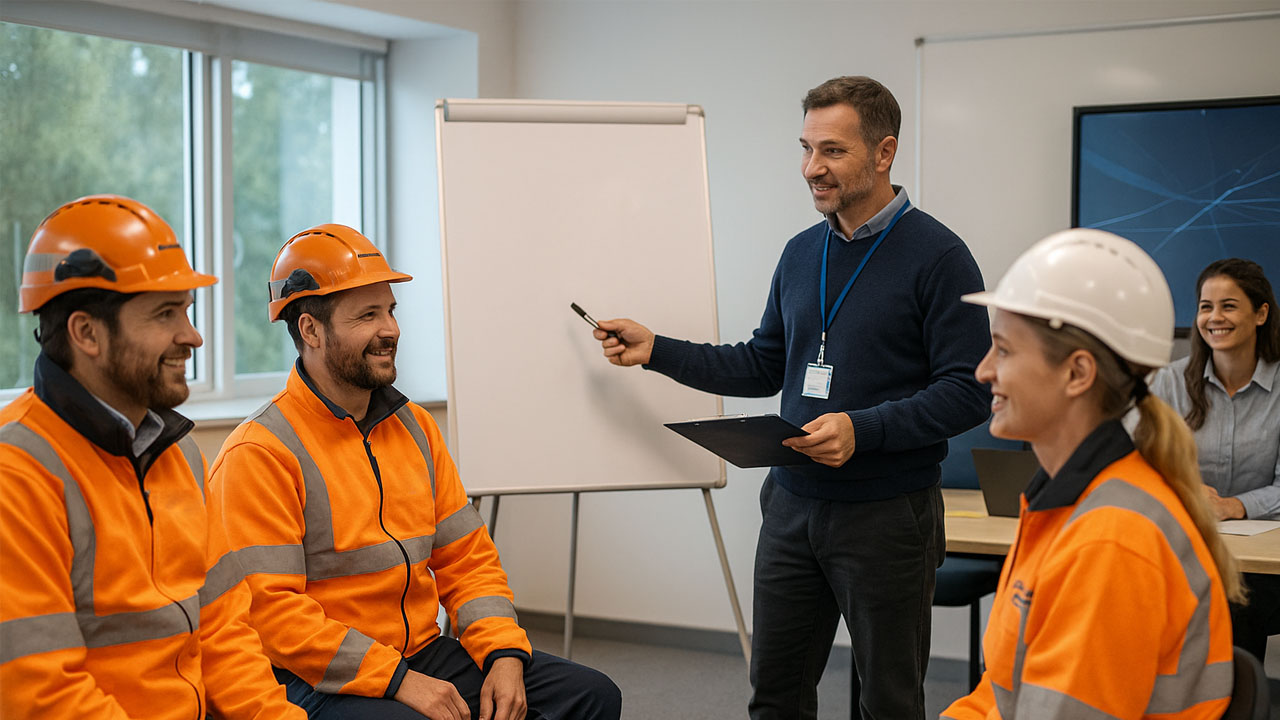 Railway team discussing their work with a colleague